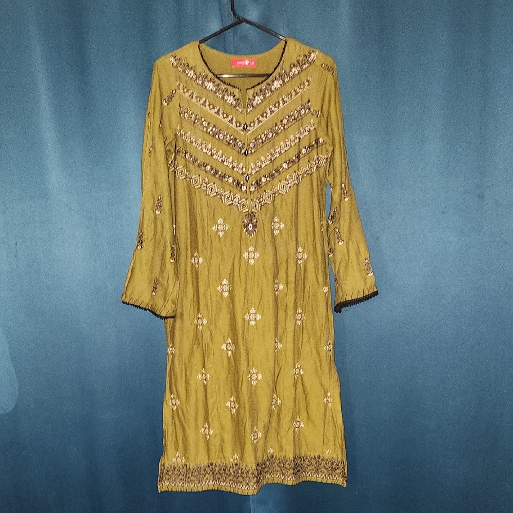 Olive Green Embroidered Long-Sleeve Women's Dress